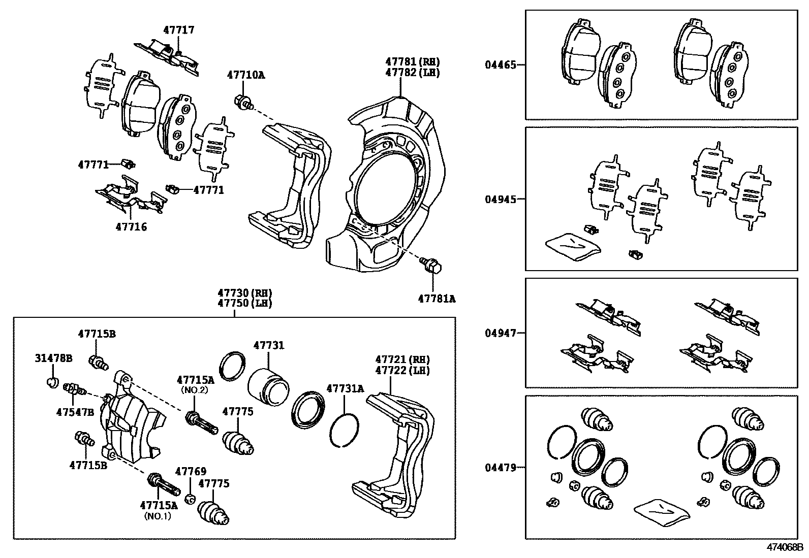 Toyota CAMRY 前盘式制动器卡钳和防尘罩 EPC diagram — 474068B