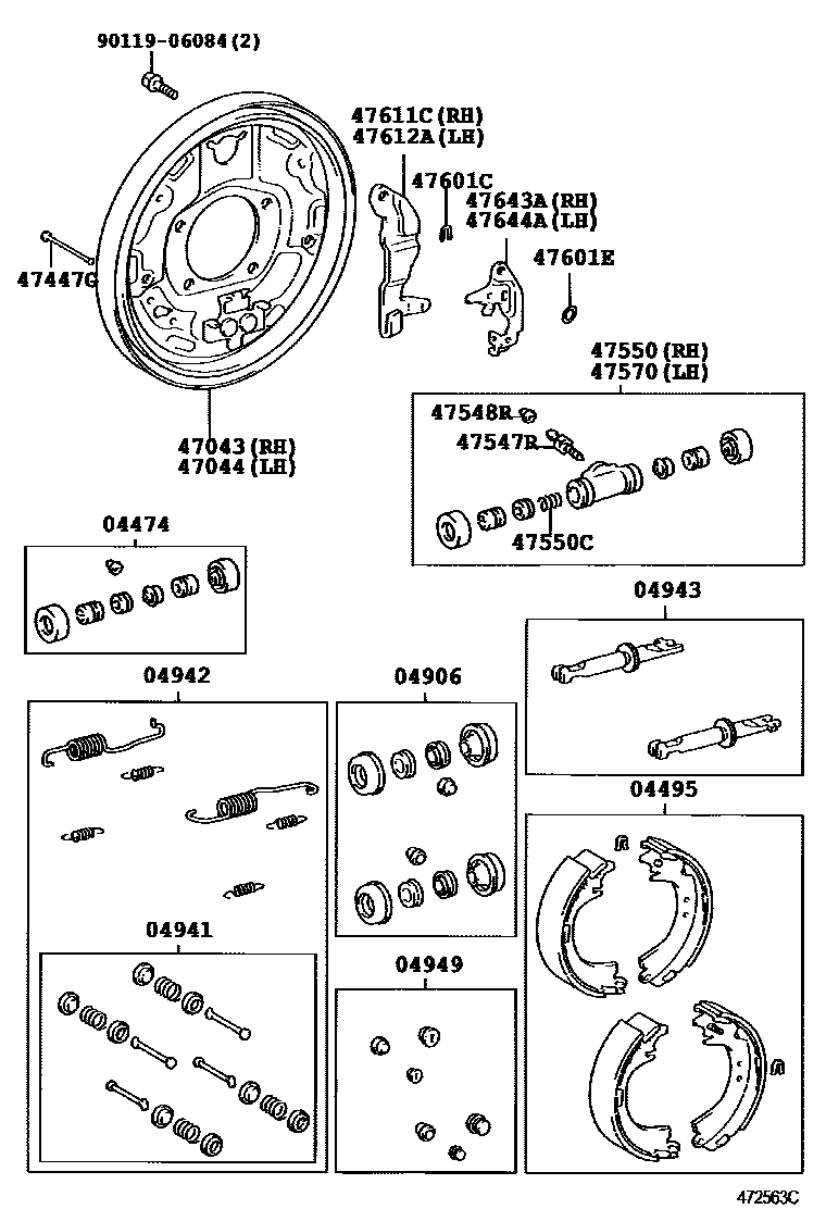 Toyota CAMRY 后鼓式制动器分泵和底板 EPC diagram — 472563C