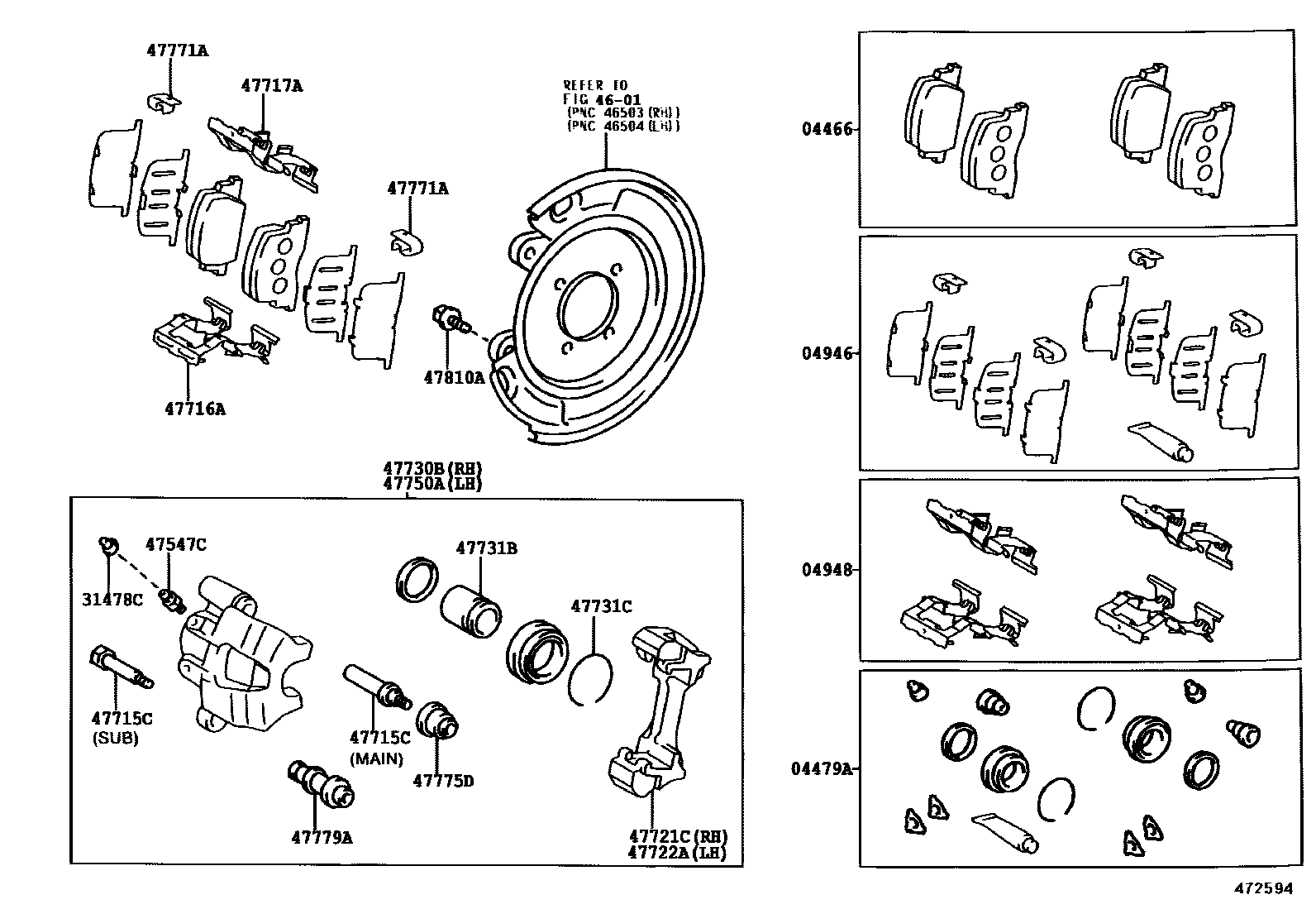 Toyota CAMRY 后盘式制动器卡钳和防尘罩 EPC diagram — 472594