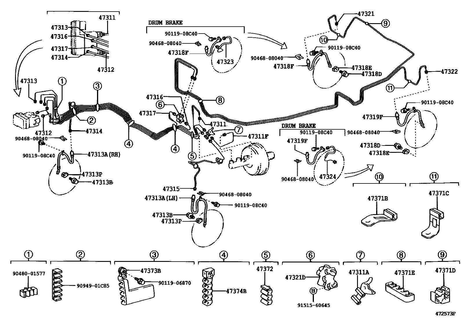 Toyota CAMRY 制动配管和卡箍 EPC diagram — 472573F