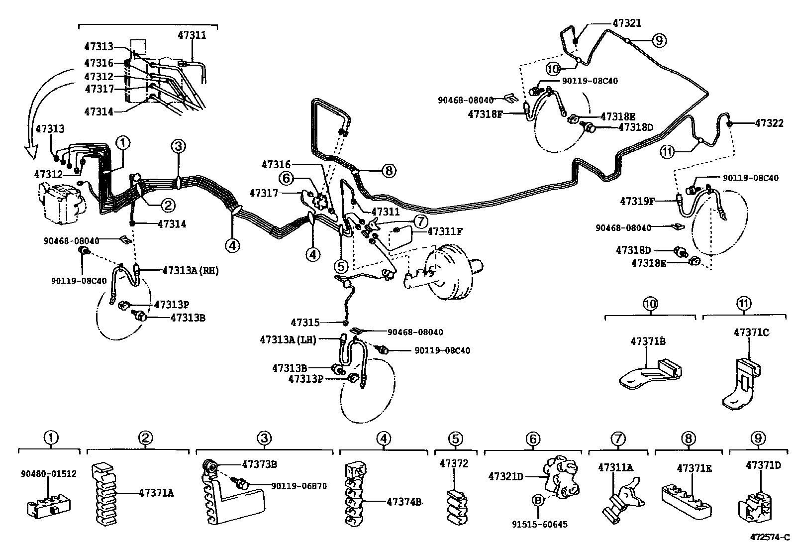 Toyota CAMRY 制动配管和卡箍 EPC diagram — 472574C