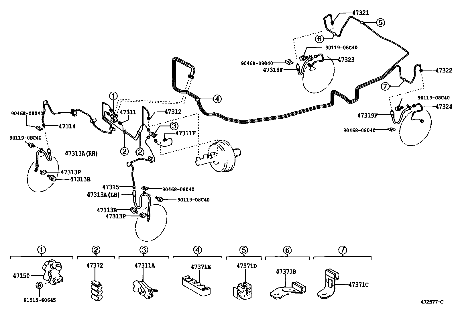 Toyota CAMRY 制动配管和卡箍 EPC diagram — 472577C