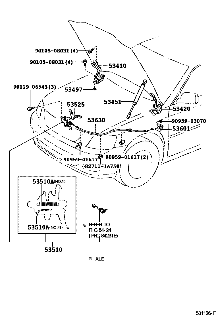 Toyota CAMRY 发动机盖锁和铰链 EPC diagram — 531126F