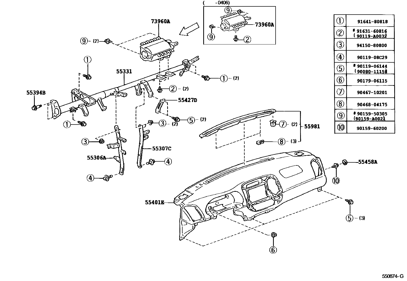 Toyota CAMRY 仪表板和手套箱 EPC diagram — 550874G