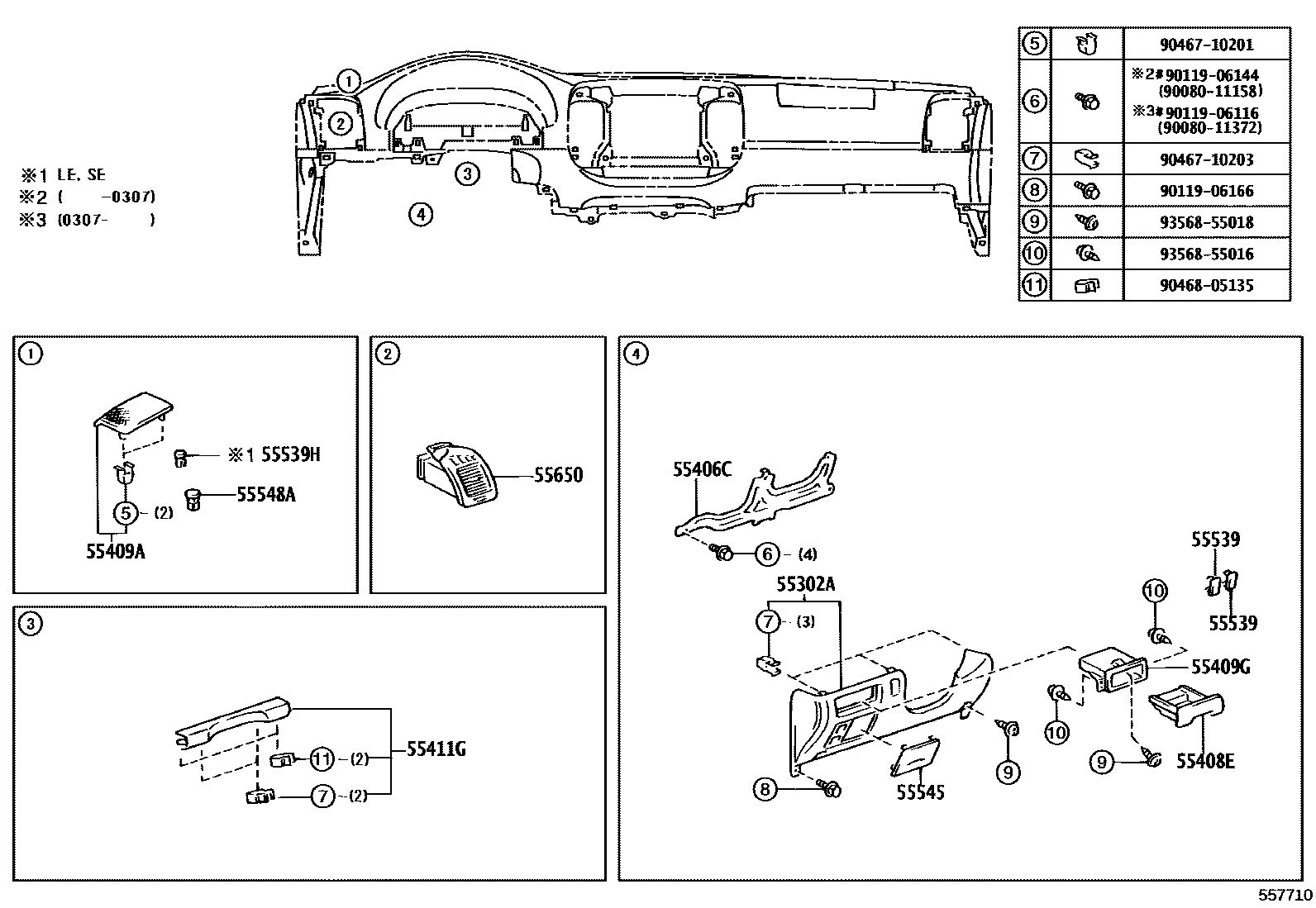 Toyota CAMRY 仪表板和手套箱 EPC diagram — 557710