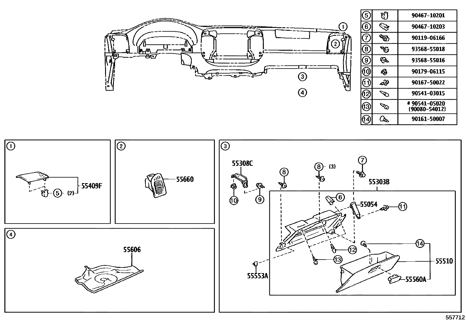 Toyota CAMRY 仪表板和手套箱 EPC diagram — 557712