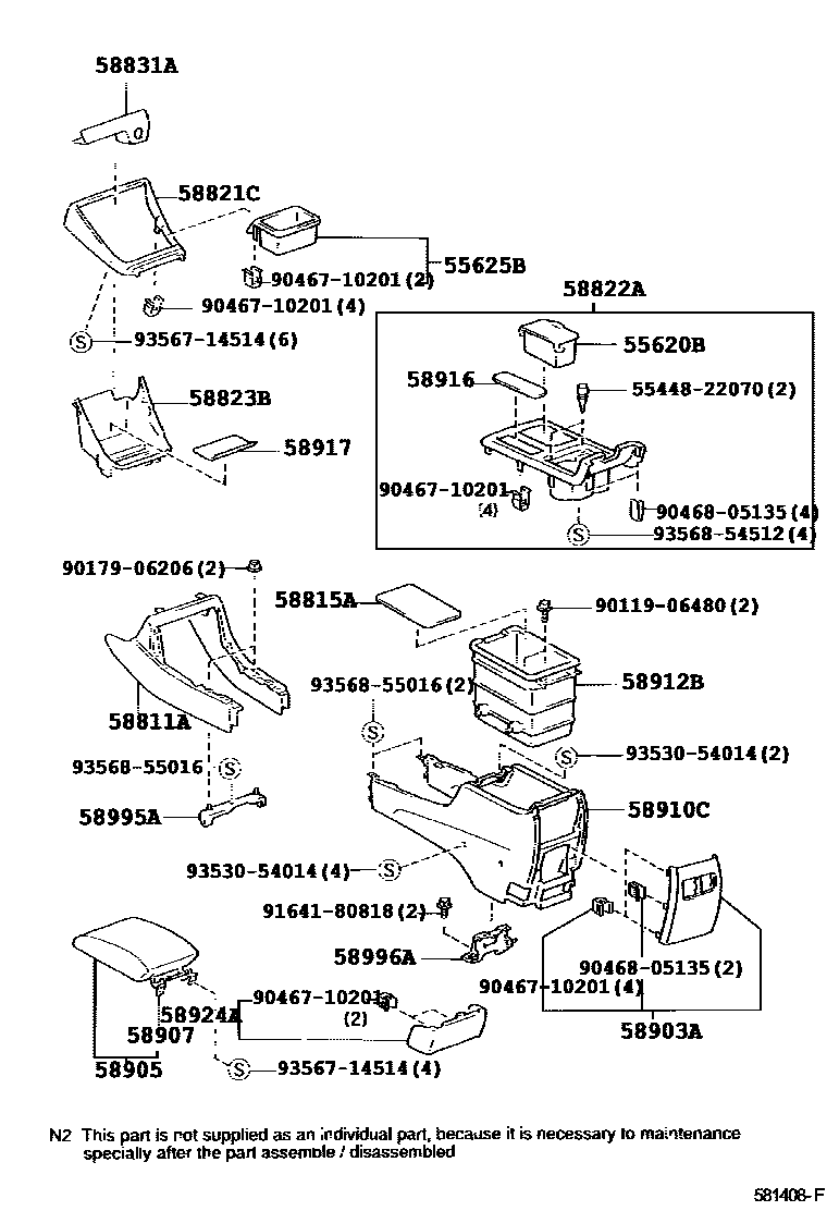 Toyota CAMRY 中央扶手箱和支架 EPC diagram — 581408F