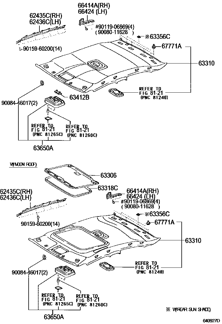 Toyota CAMRY 车顶内衬和消声垫 EPC diagram — 640927D