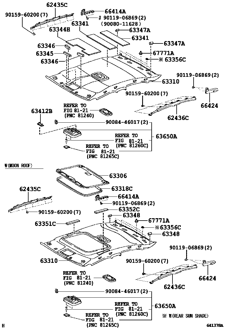 Toyota CAMRY 车顶内衬和消声垫 EPC diagram — 641378A