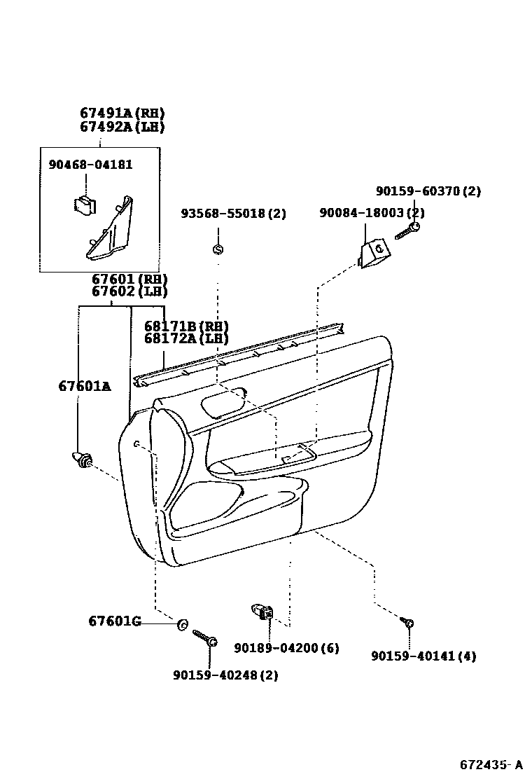 Toyota CAMRY 前门板和前门玻璃 EPC diagram — 672435A