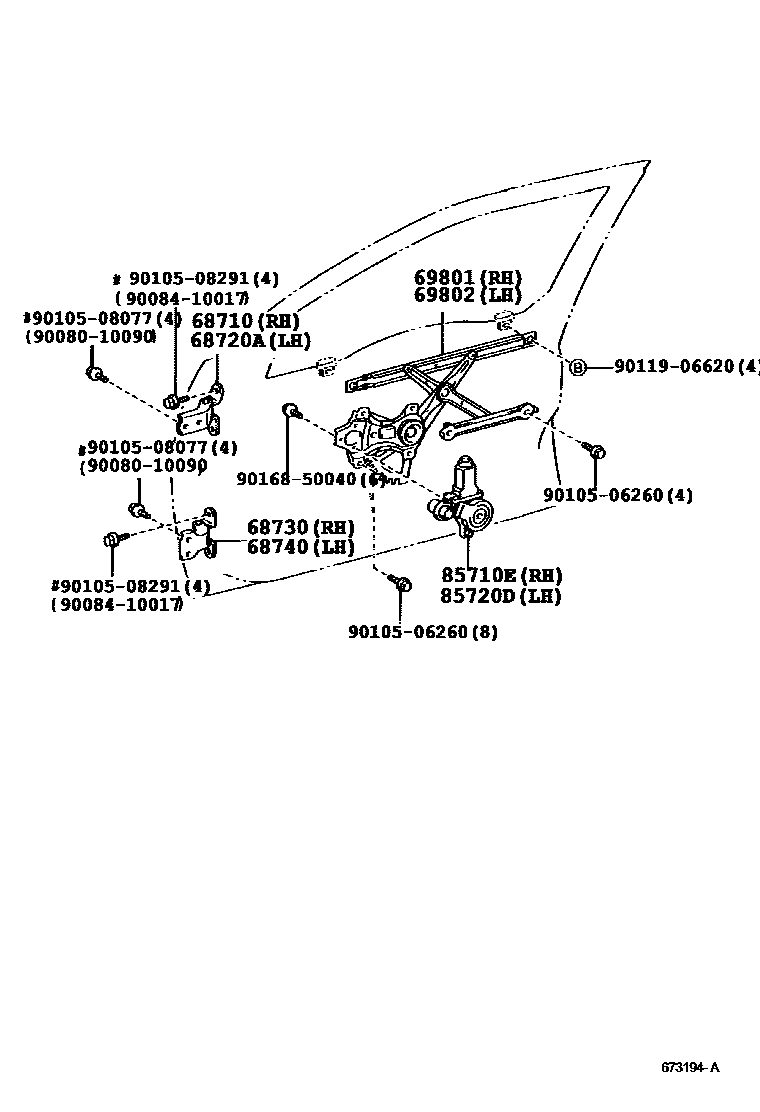 Toyota CAMRY 前门车窗升降器和合页 EPC diagram — 673194A
