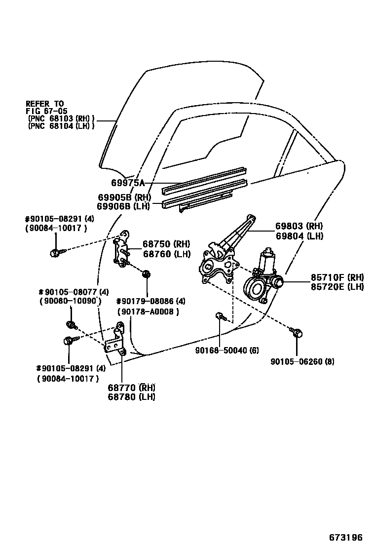 Toyota CAMRY 后门车窗升降器和合页 EPC diagram — 673196