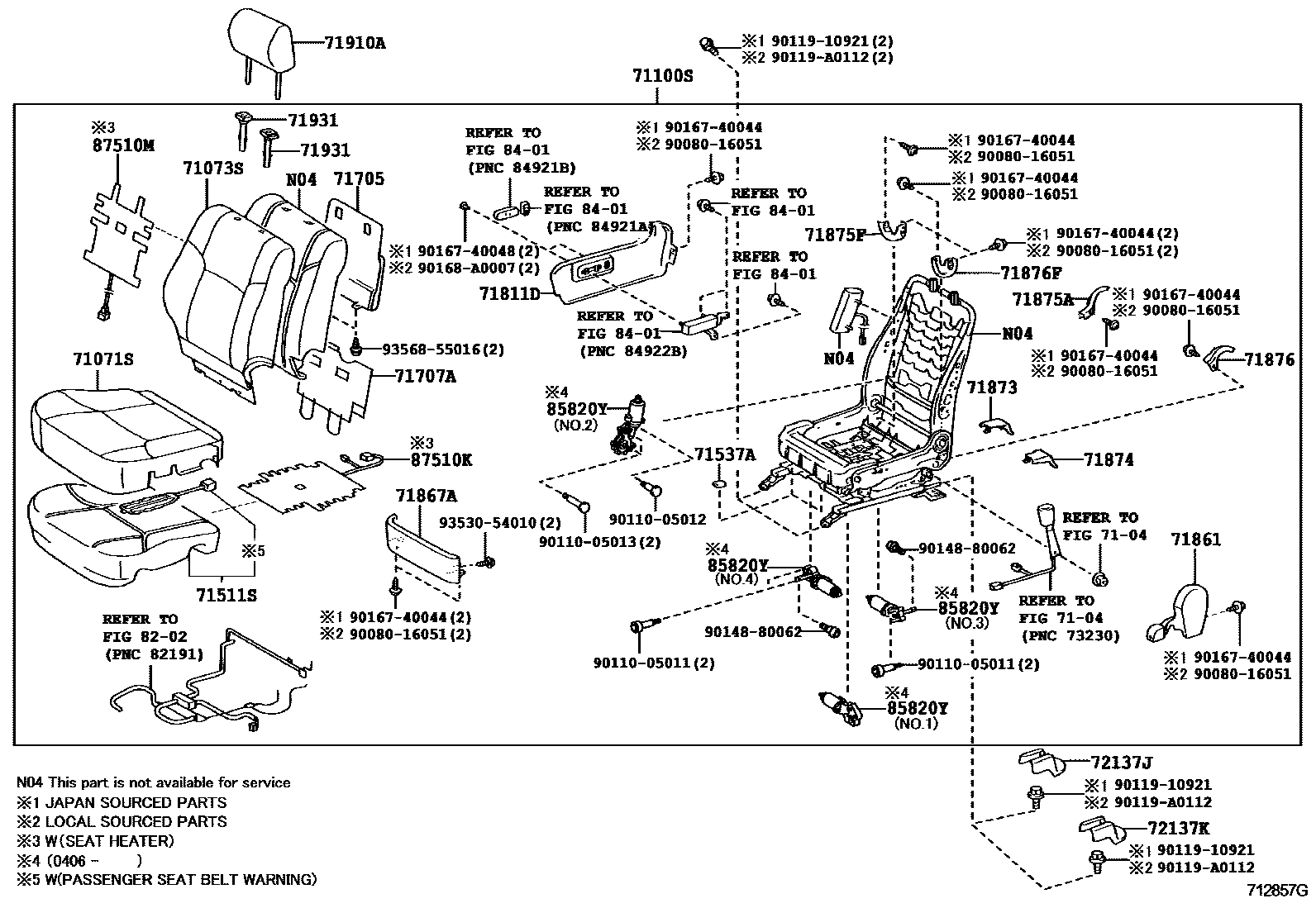 Toyota CAMRY 前排座椅和座椅滑轨 EPC diagram — 712857G