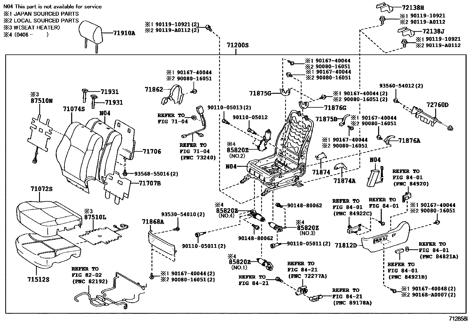 Toyota CAMRY 前排座椅和座椅滑轨 EPC diagram — 712858I