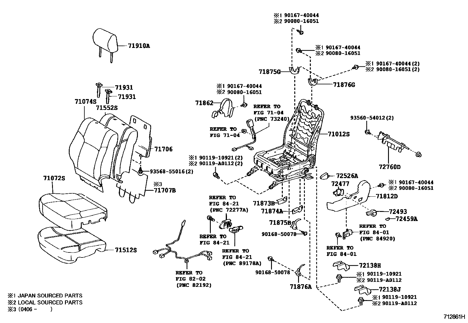 Toyota CAMRY 前排座椅和座椅滑轨 EPC diagram — 712861H
