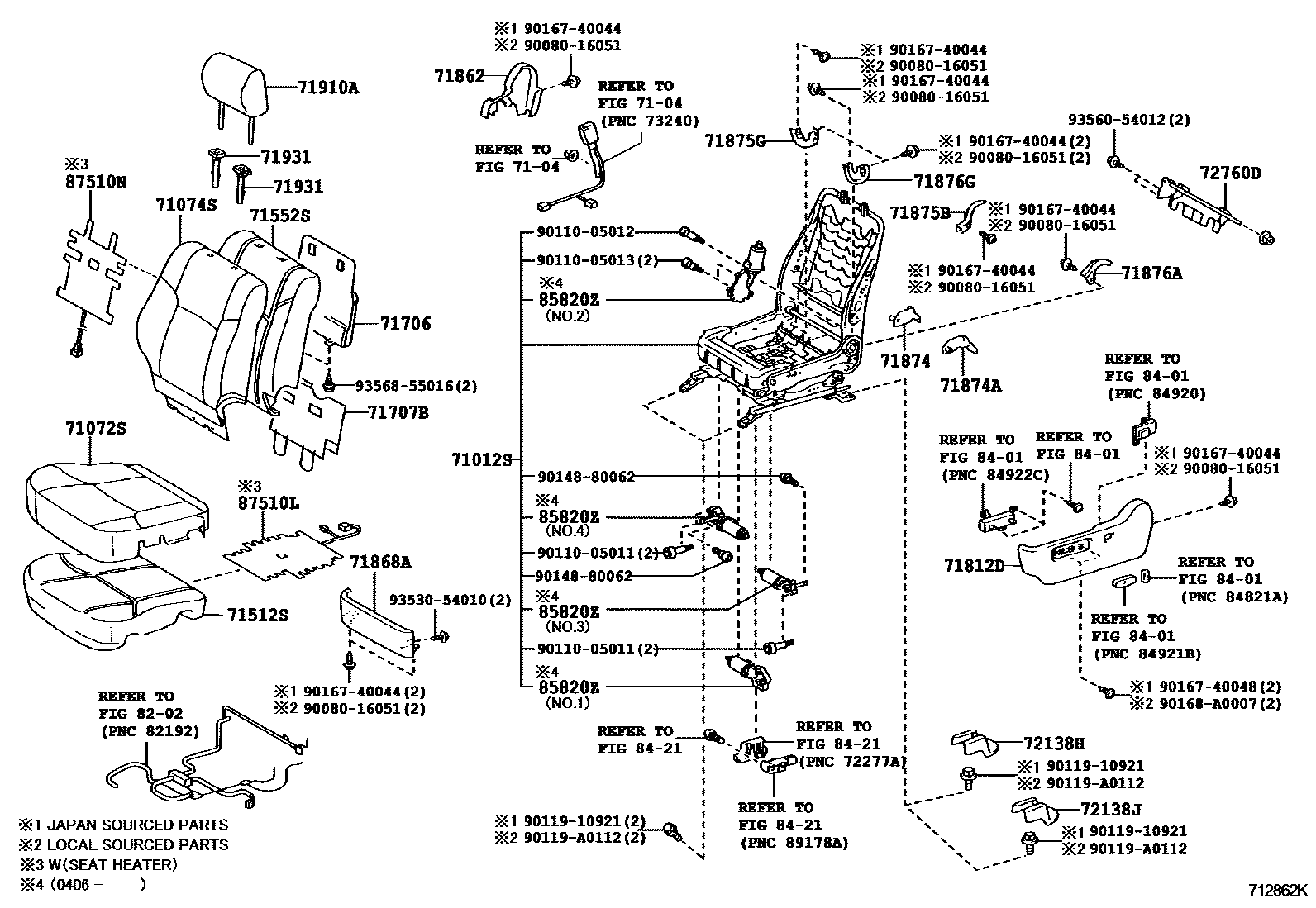 Toyota CAMRY 前排座椅和座椅滑轨 EPC diagram — 712862K