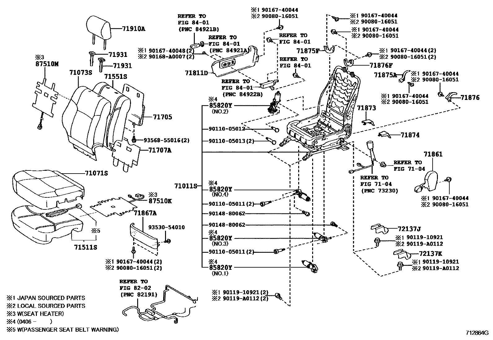 Toyota CAMRY 前排座椅和座椅滑轨 EPC diagram — 712864G