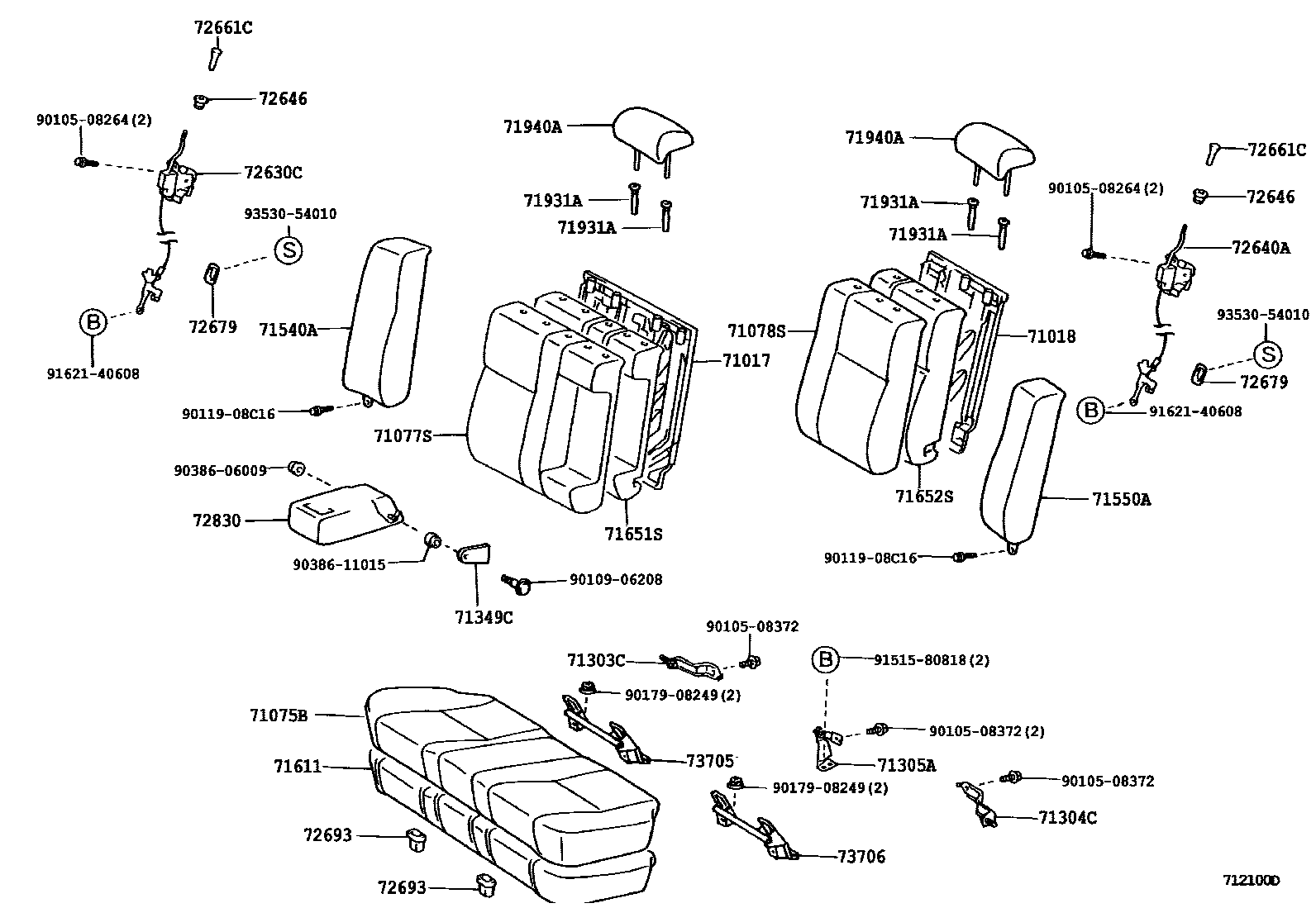 Toyota CAMRY 后排座椅和座椅滑轨 EPC diagram — 712100D