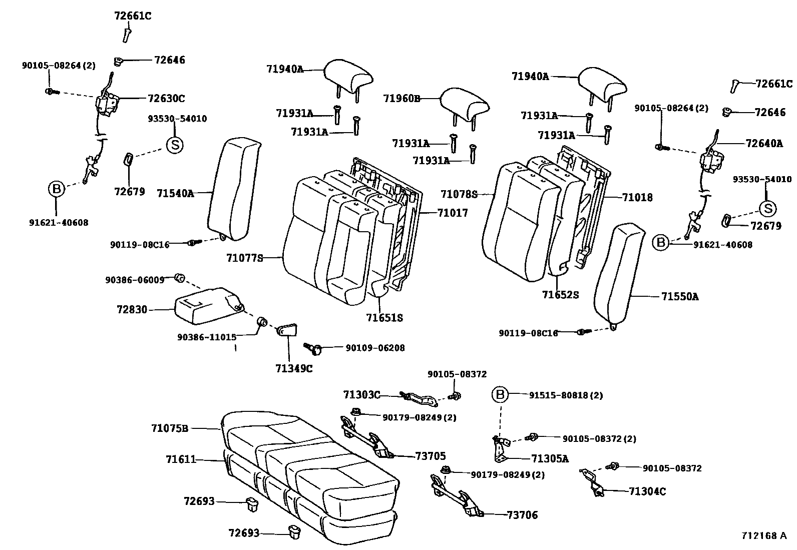 Toyota CAMRY 后排座椅和座椅滑轨 EPC diagram — 712168A