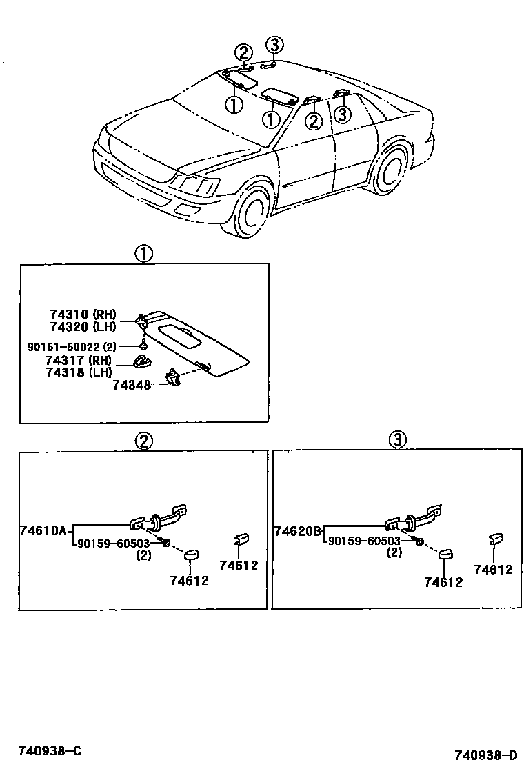 Toyota CAMRY 扶手和遮阳板 EPC diagram — 740938D