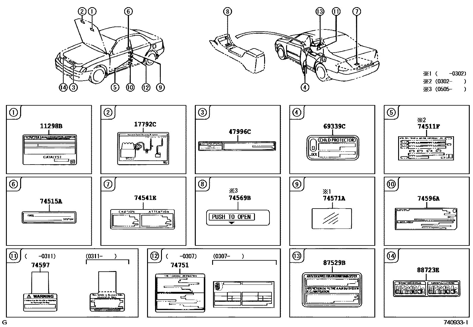 Toyota CAMRY 警示铭牌(车外和车内) EPC diagram — 740933I