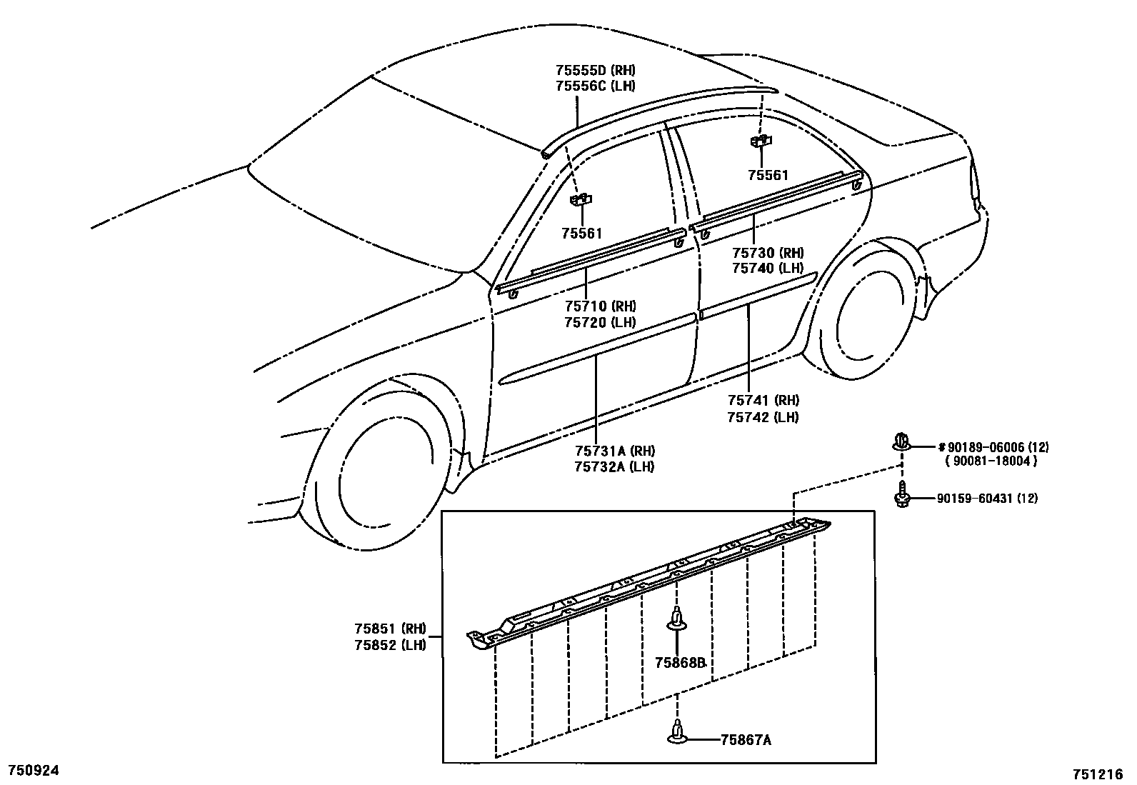 Toyota CAMRY 侧防护条 EPC diagram — 751216