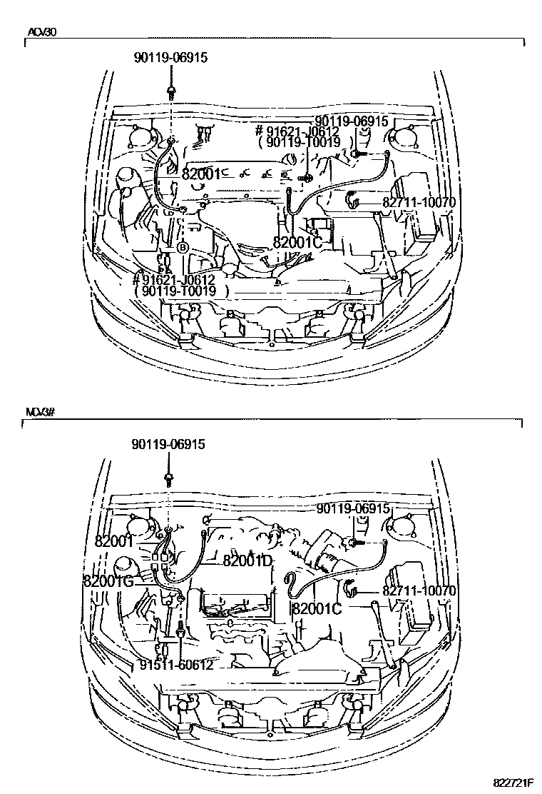 Toyota CAMRY 线束和卡夹 EPC diagram — 822721F