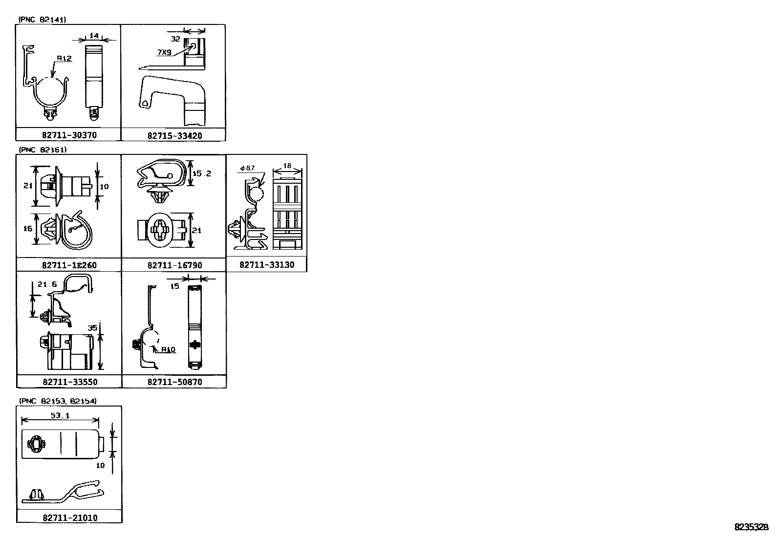 Toyota CAMRY 线束和卡夹 EPC diagram — 823532B