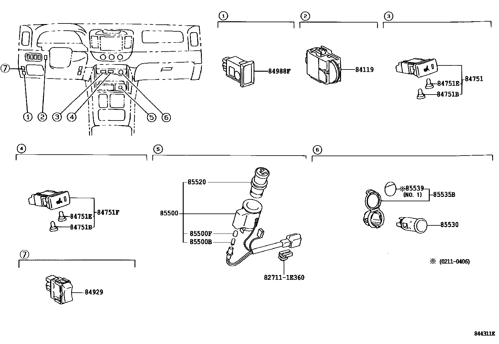Toyota CAMRY 开关和继电器和ECU EPC diagram — 844311E