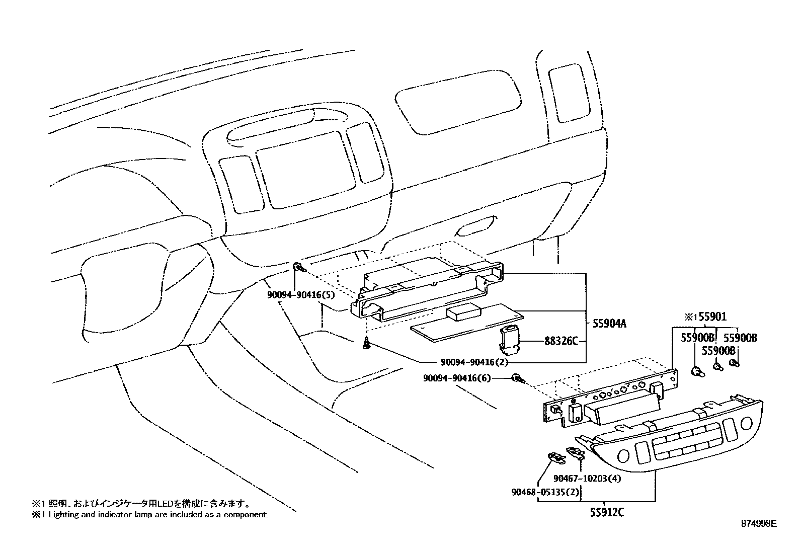 Toyota CAMRY 暖风和空调系统 - 控制器和风管 EPC diagram — 874998E