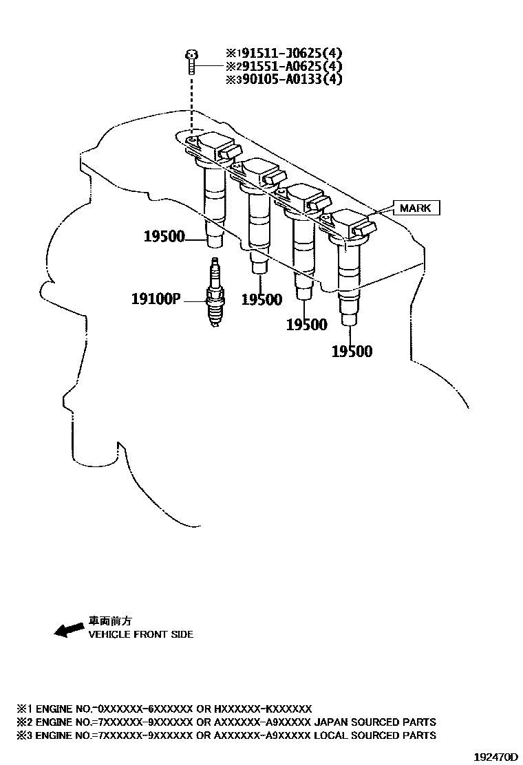 Toyota CAMRY 点火线圈和火花塞 EPC diagram — 192470D