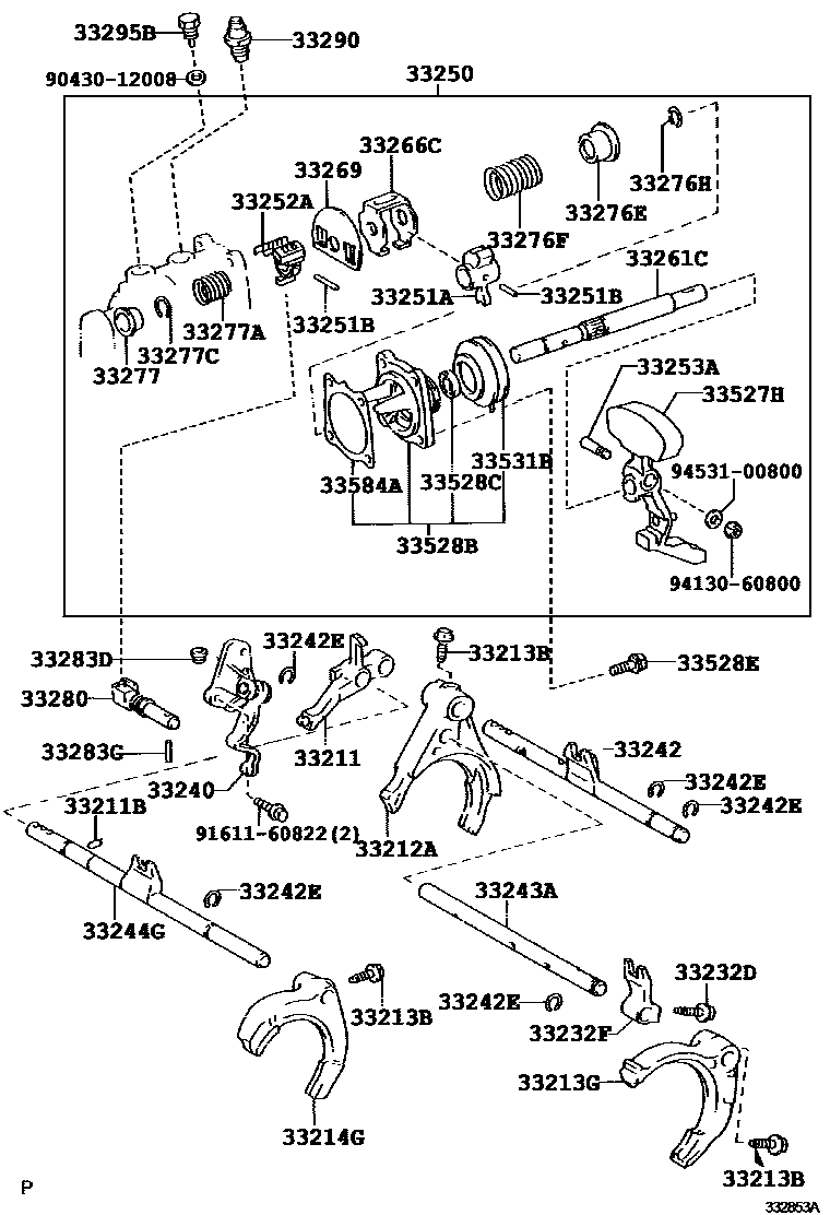Toyota CAMRY 换档拨叉和换档杆轴(MTM) EPC diagram — 332853A