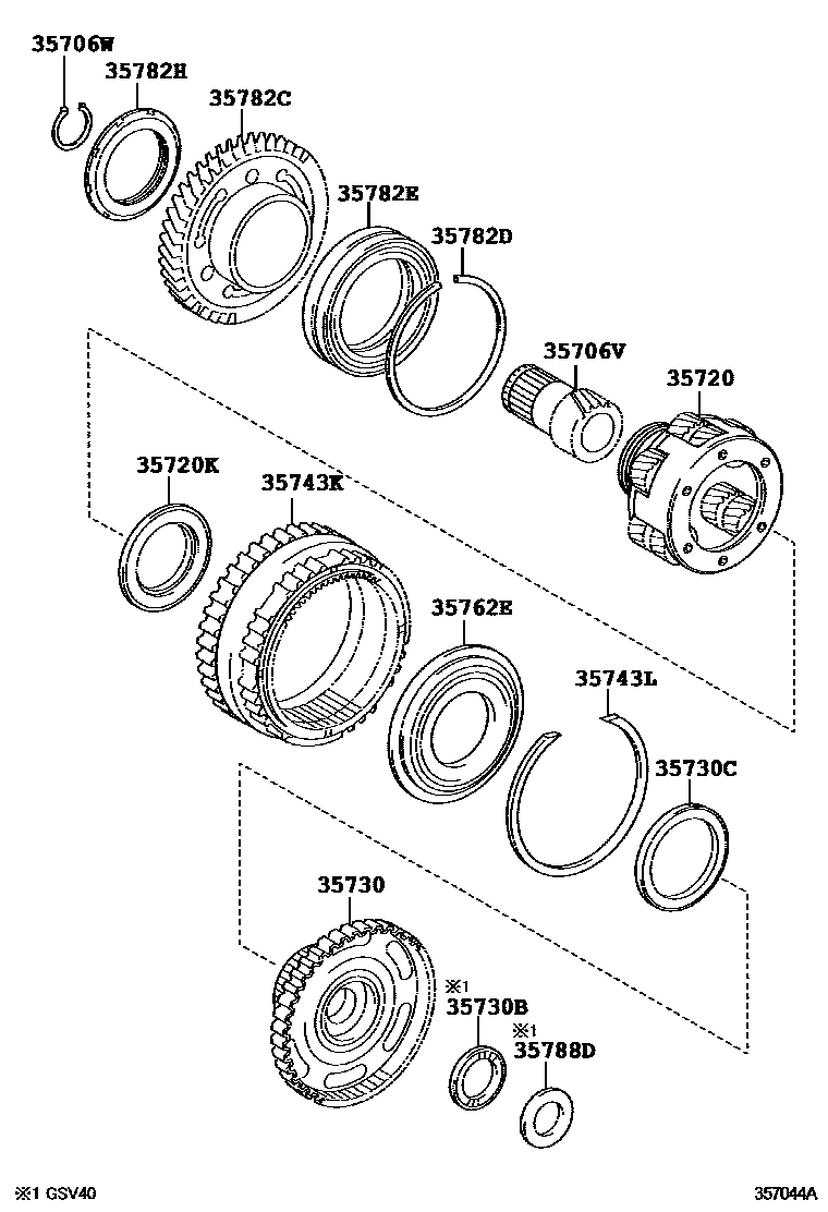 Toyota CAMRY 行星齿轮、倒档活塞和中间轴齿轮(ATM) EPC diagram — 357044A