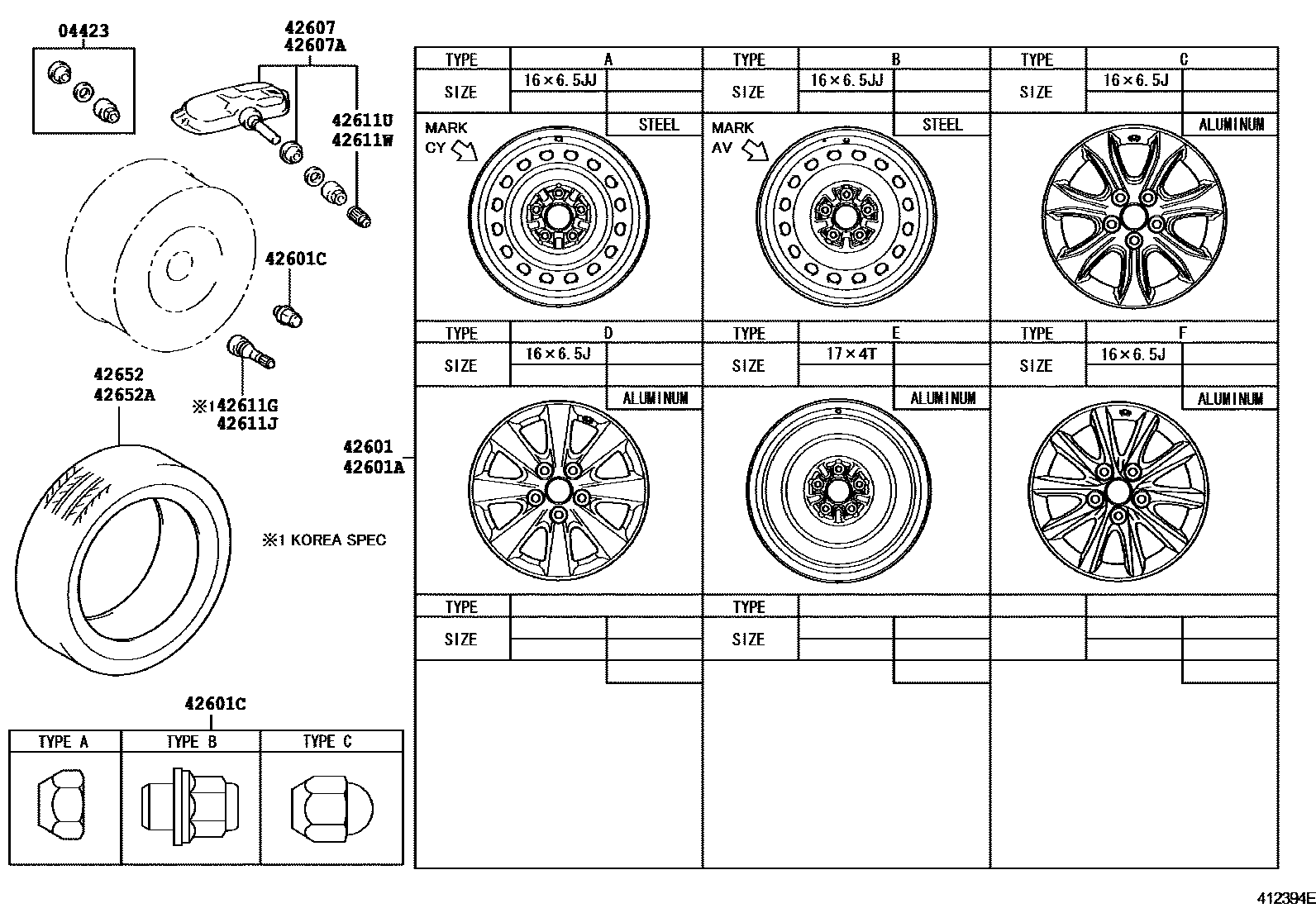 Toyota CAMRY 车轮和车轮盖 EPC diagram — 412394E