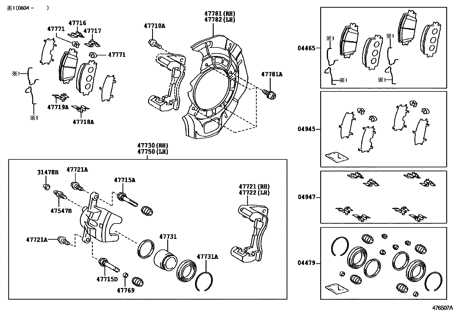 Toyota CAMRY 前盘式制动器卡钳和防尘罩 EPC diagram — 476507A
