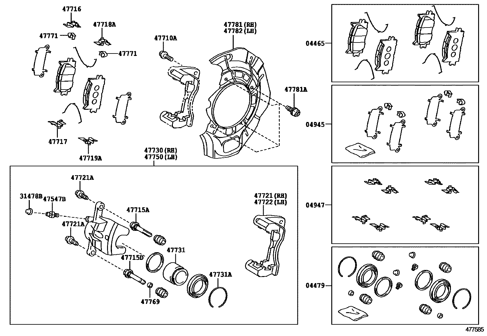 Toyota CAMRY 前盘式制动器卡钳和防尘罩 EPC diagram — 477585