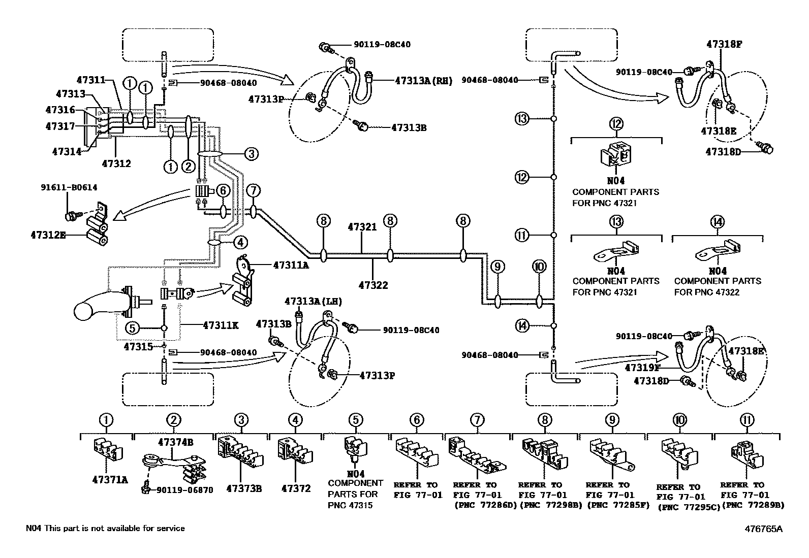 Toyota CAMRY 制动配管和卡箍 EPC diagram — 476765A