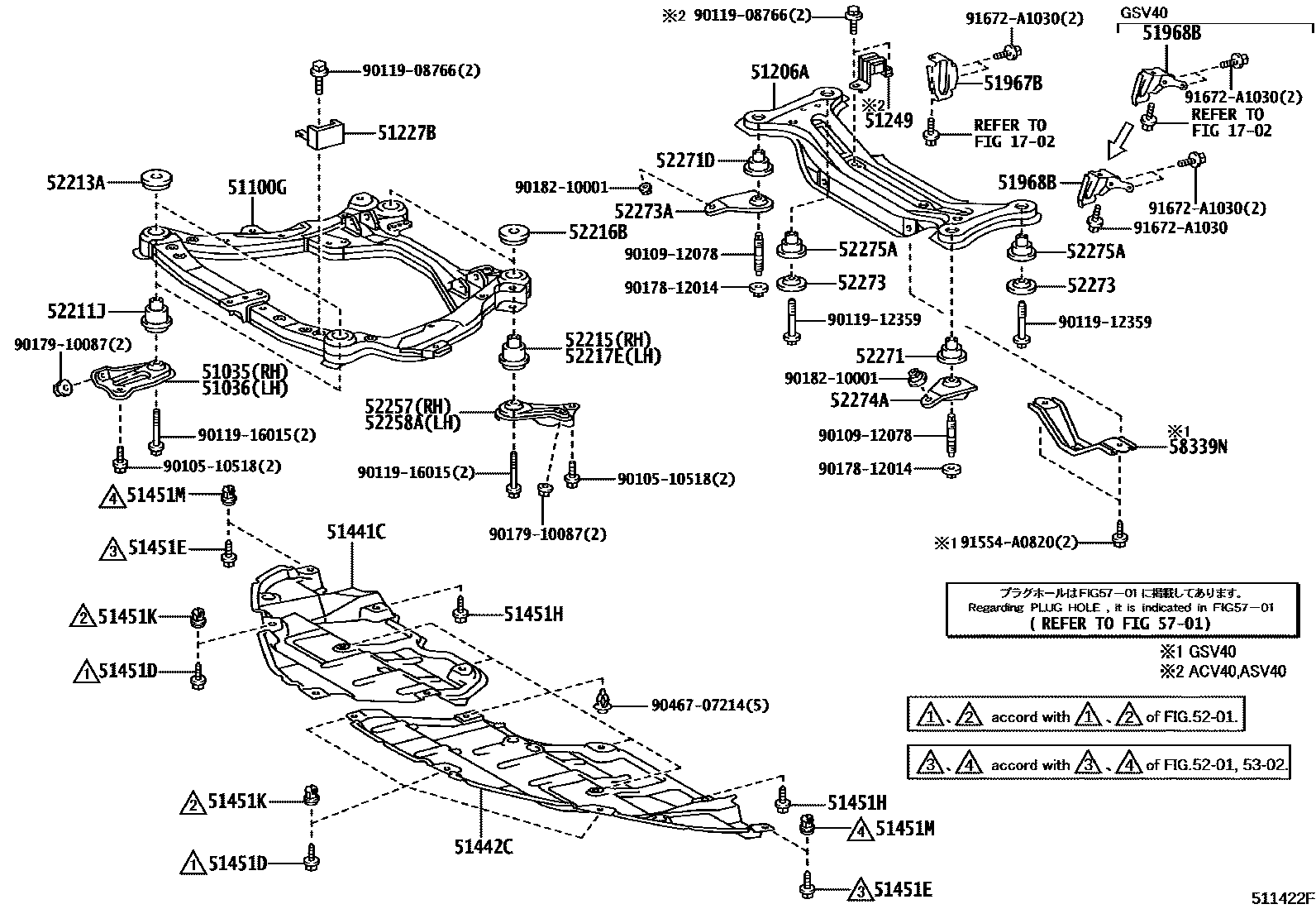 Toyota CAMRY 悬架横梁和发动机底罩 EPC diagram — 511422F