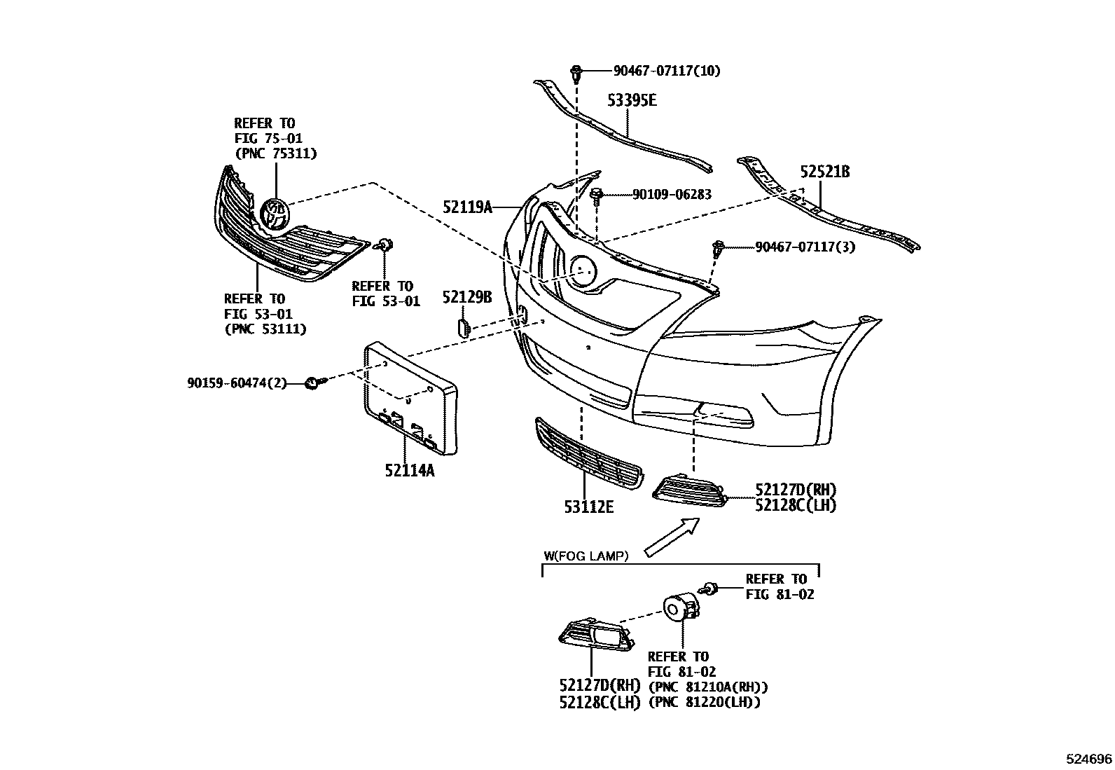 Toyota CAMRY 前保险杠及附件 EPC diagram — 524696