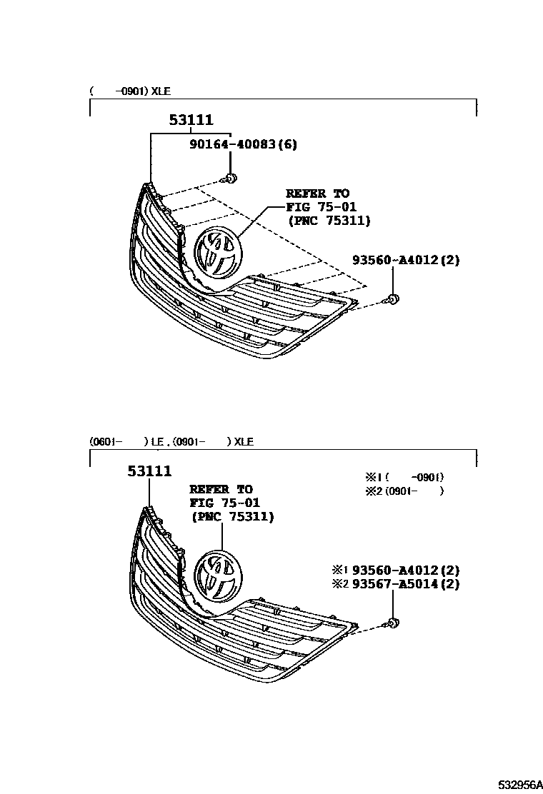Toyota CAMRY radiator grille EPC diagram — 532956A