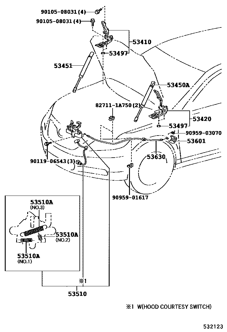 Toyota CAMRY 发动机盖锁和铰链 EPC diagram — 532123