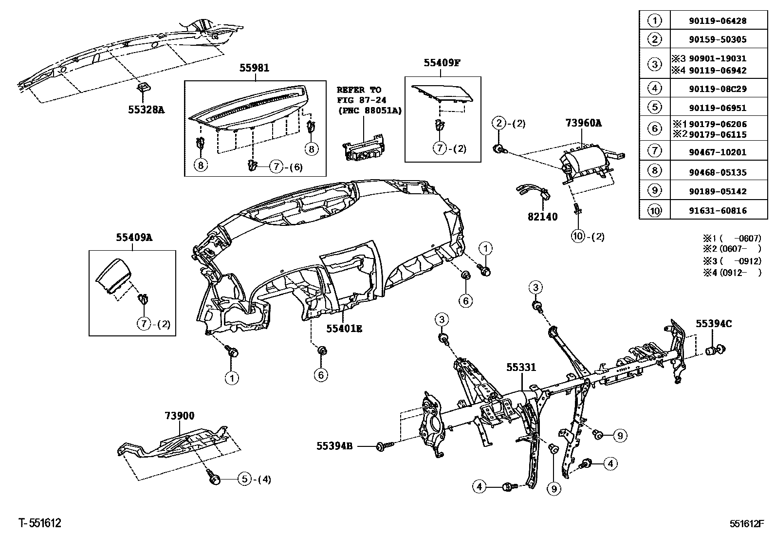 Toyota CAMRY 仪表板和手套箱 EPC diagram — 551612F