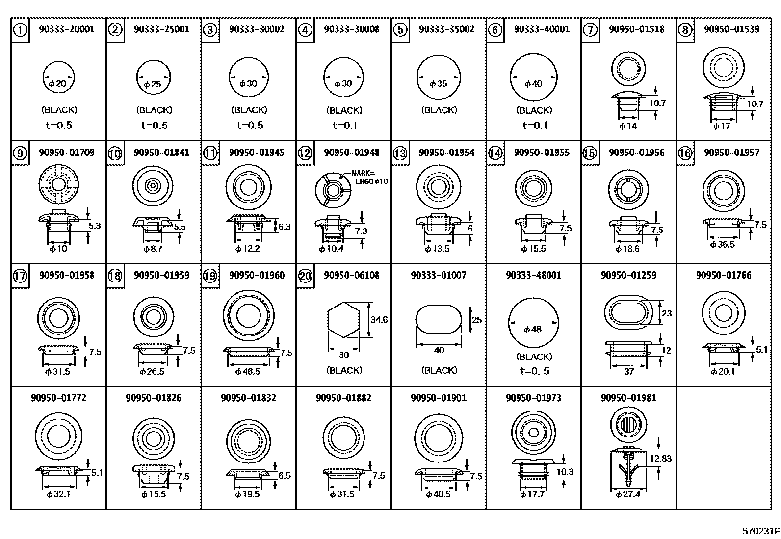 Toyota CAMRY hole plug EPC diagram — 570231F