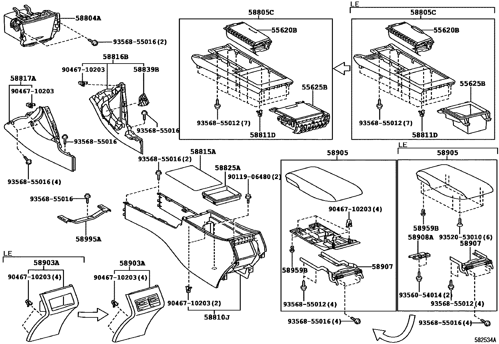 Toyota CAMRY 中央扶手箱和支架 EPC diagram — 582534A