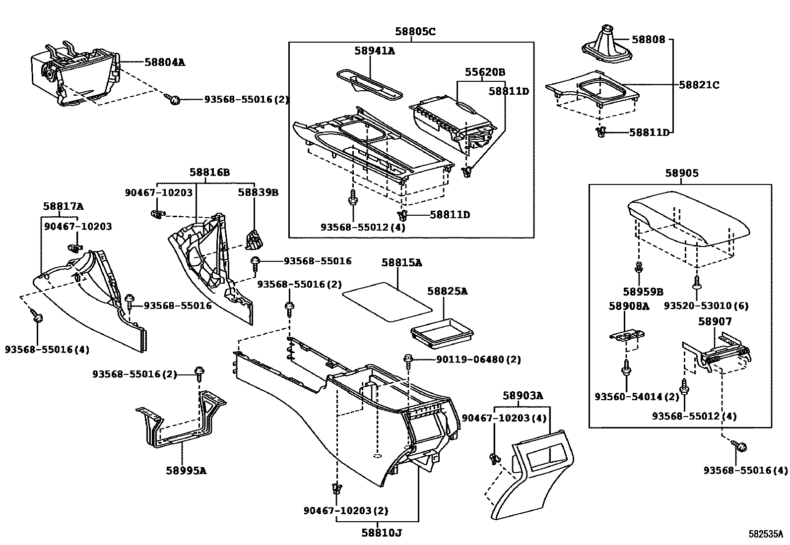 Toyota CAMRY 中央扶手箱和支架 EPC diagram — 582535A