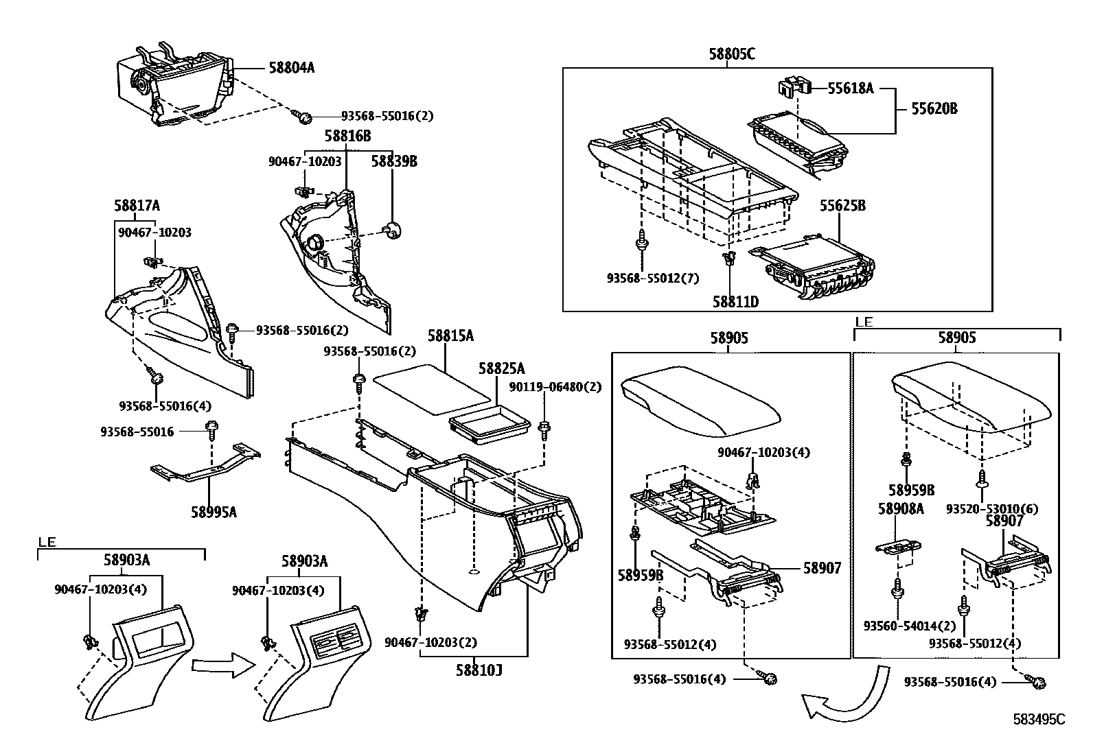 Toyota CAMRY 中央扶手箱和支架 EPC diagram — 583495C