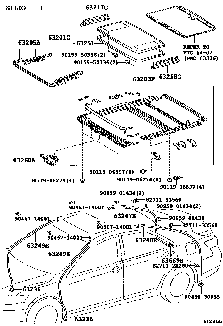 Toyota CAMRY 天窗板和背窗玻璃 EPC diagram — 612582E