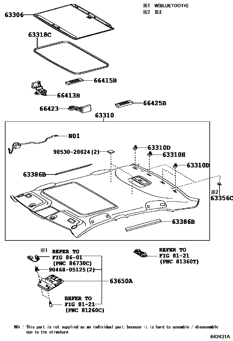 Toyota CAMRY 车顶内衬和消声垫 EPC diagram — 642431A
