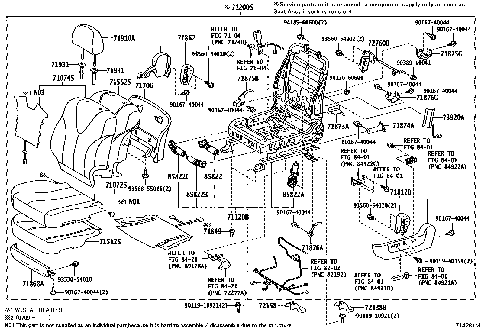 Toyota CAMRY 前排座椅和座椅滑轨 EPC diagram — 714281M