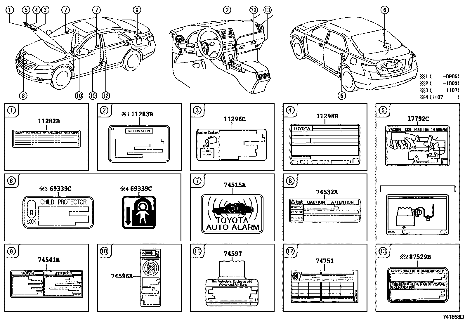 Toyota CAMRY 警示铭牌(车外和车内) EPC diagram — 741858D